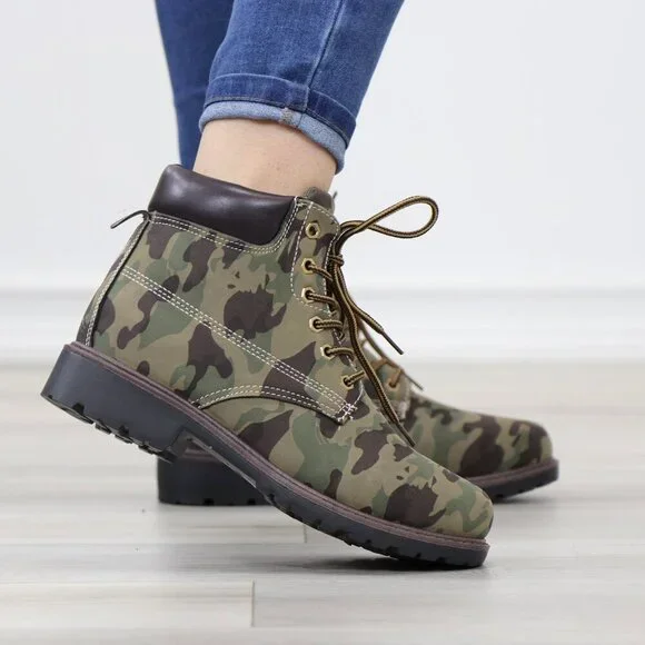 Women's Camouflage Combat Lace-up Ankle Boots Low Heel Casual Short Booties - Picture 5 of 15